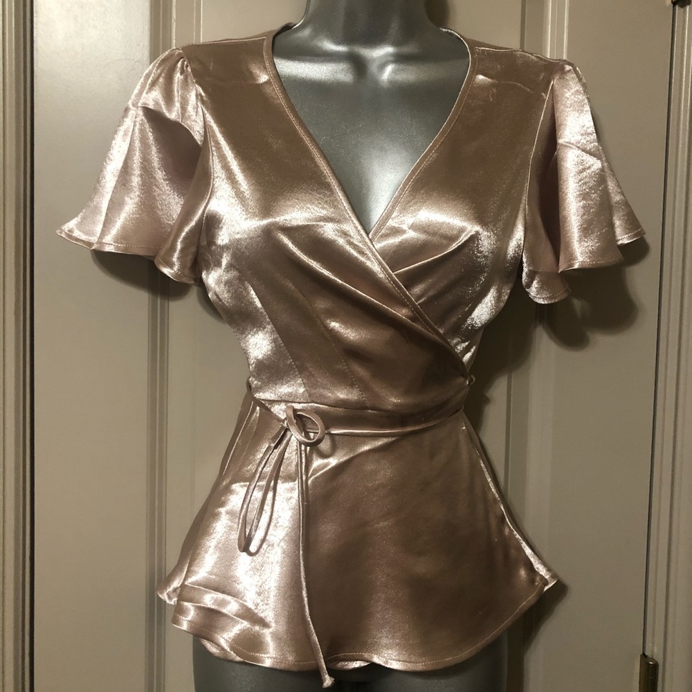 Pink satin top v-cut